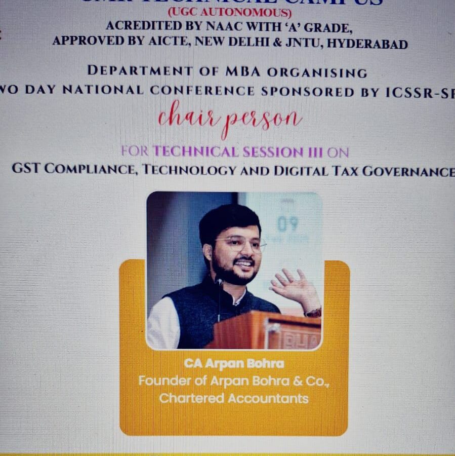 Conference banner: CA Arpan Bohra, Chair Person, Technical Session III, CMR Technical Campus