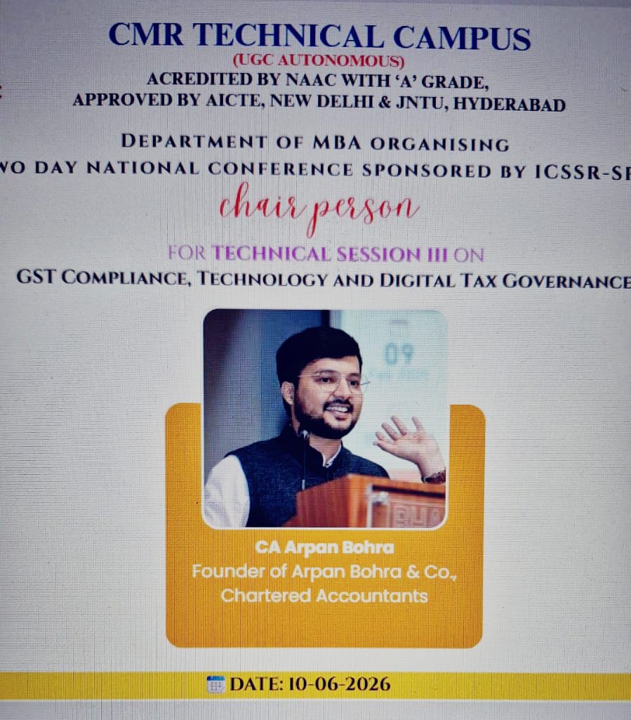 Conference banner: CA Arpan Bohra, Chair Person, Technical Session III, CMR Technical Campus