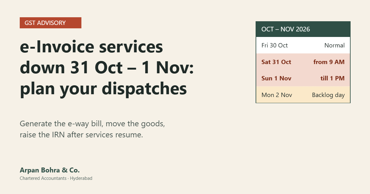 Calendar graphic showing e-invoice services unavailable from Saturday 31 October 9 AM to Sunday 1 November 1 PM 2026, with Monday 2 November as the backlog day