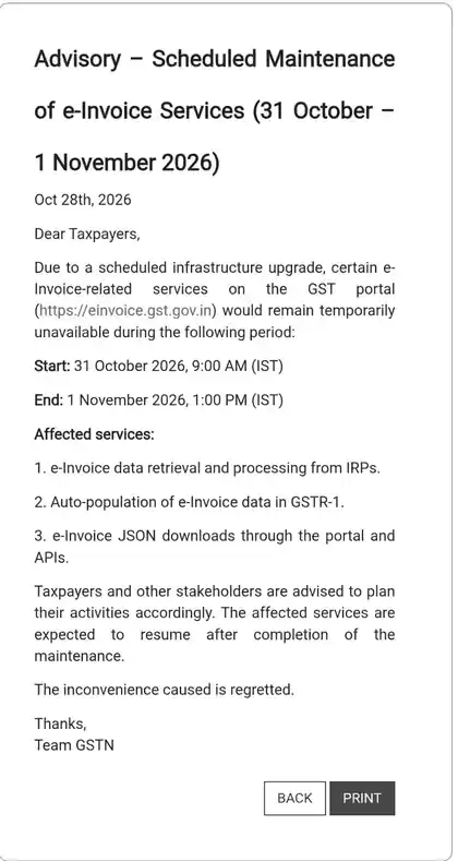 Screenshot of the GSTN advisory dated 28 October 2026 on scheduled maintenance of e-invoice services from 31 October to 1 November 2026