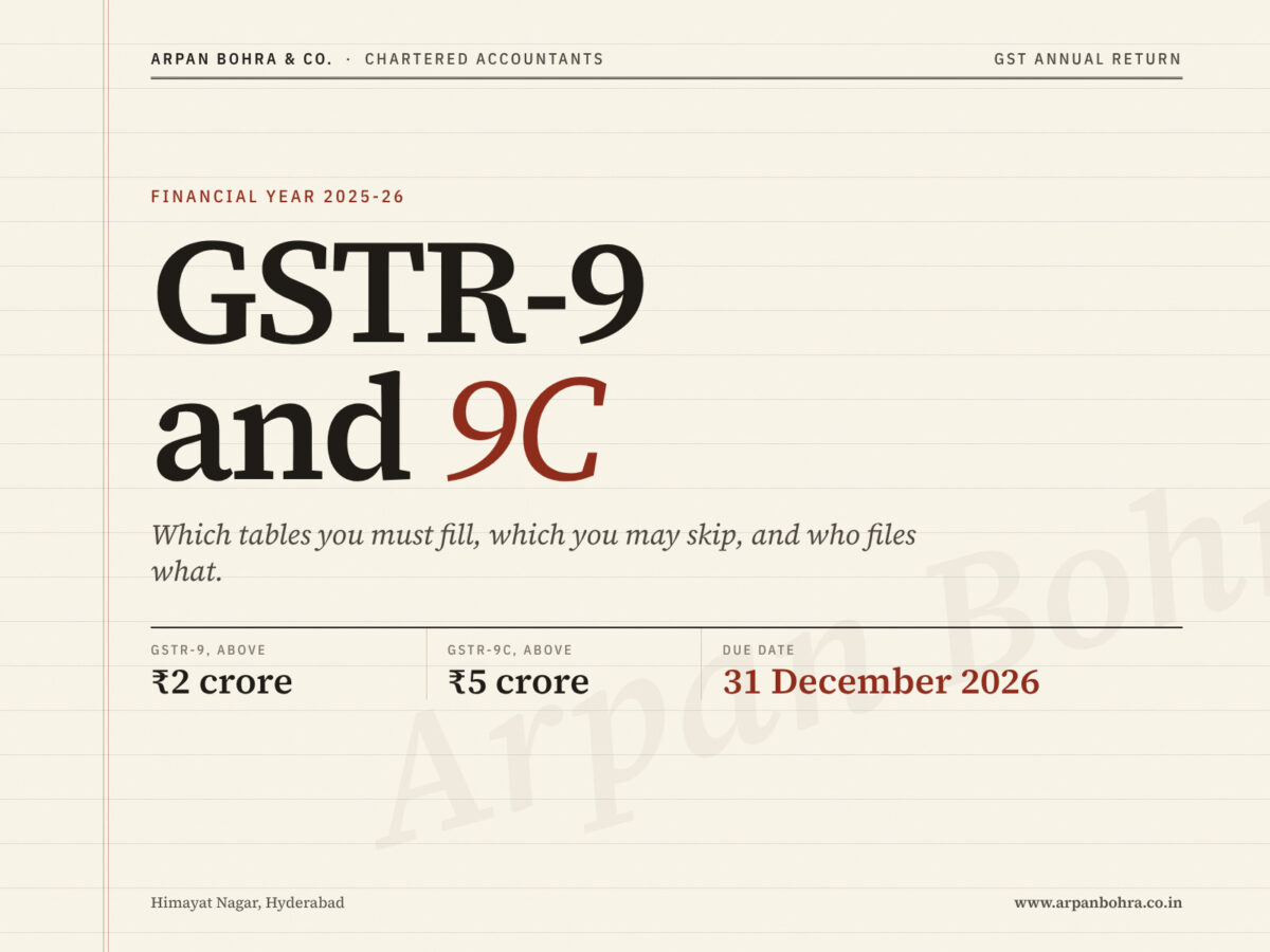 Cover for GSTR-9 and 9C for FY 2025-26 on ruled ledger paper, with the ₹2 crore and ₹5 crore limits and the 31 December 2026 due date.
