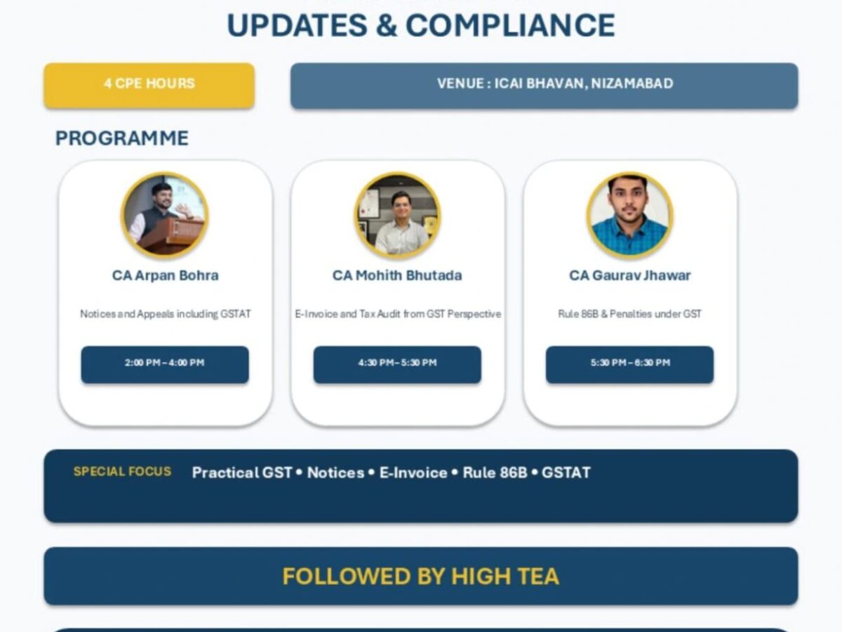Programme poster: ICAI Nizamabad CPE Seminar, Practical GST Updates and Compliance