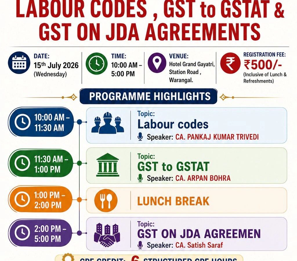 Programme poster: ICAI Warangal CPE Seminar, GST to GSTAT