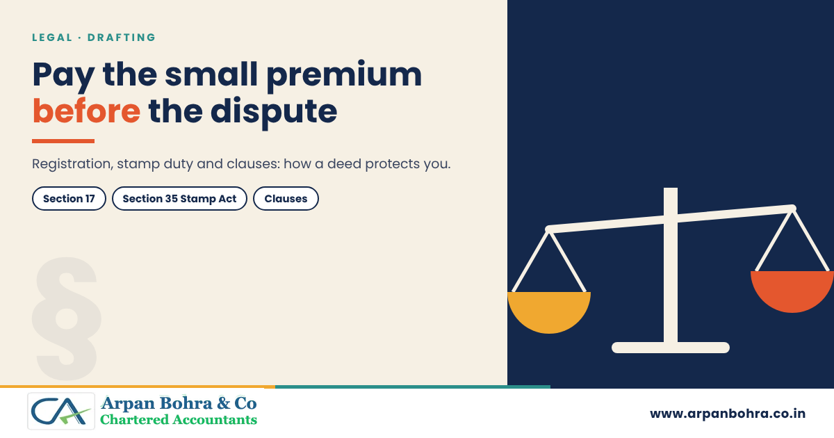 Balance scale graphic for Arpan Bohra & Co., Chartered Accountants, on drafting deeds before a dispute